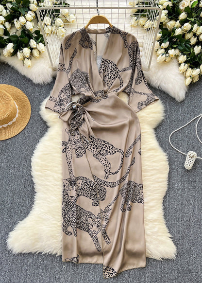 French Photo Color Print Lace Up Silk Dress Half Sleeve Summer
