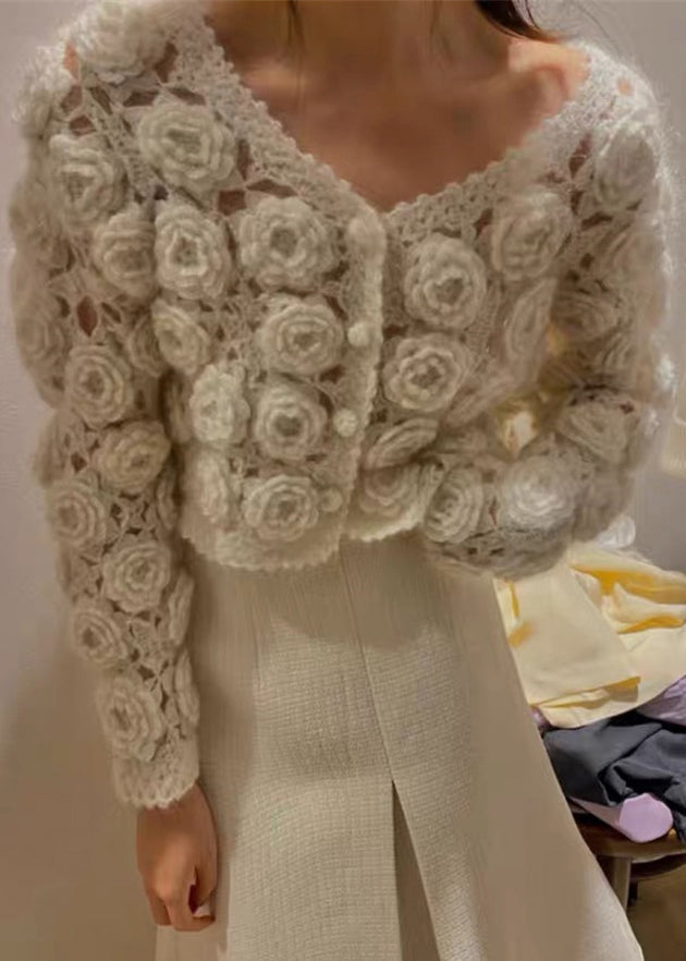 Beige Button Hollow Out Cotton Knit Coats Spring