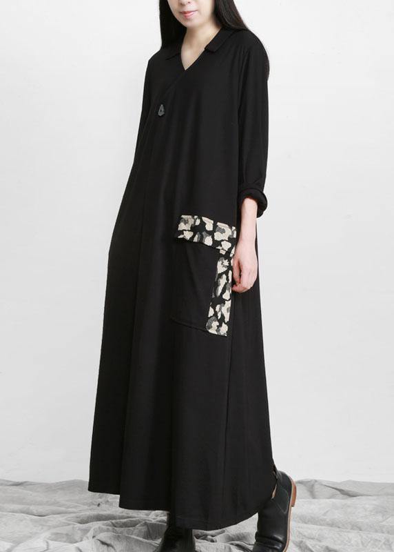 Modern Black Patchwork Print V Neck Pockets Fall Dresses