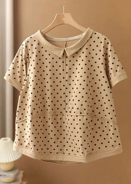 Apricot Turn-down Collar Patchwork Dot Print Cotton Shirts Short Sleeve