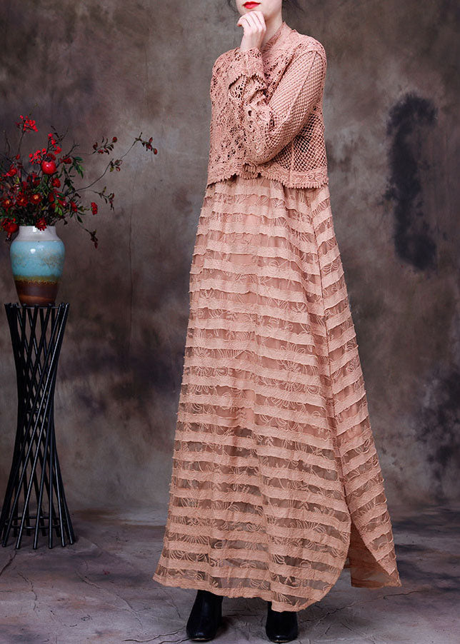 Khaki Hollow Out Side Open Dresses Two Pieces Set Spring