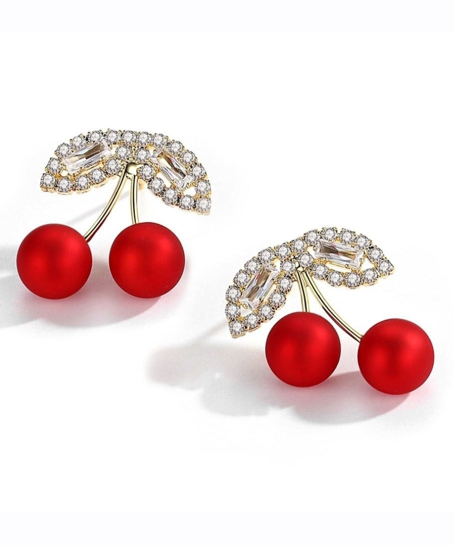 Red Alloy Zircon Cherry Stud Earrings