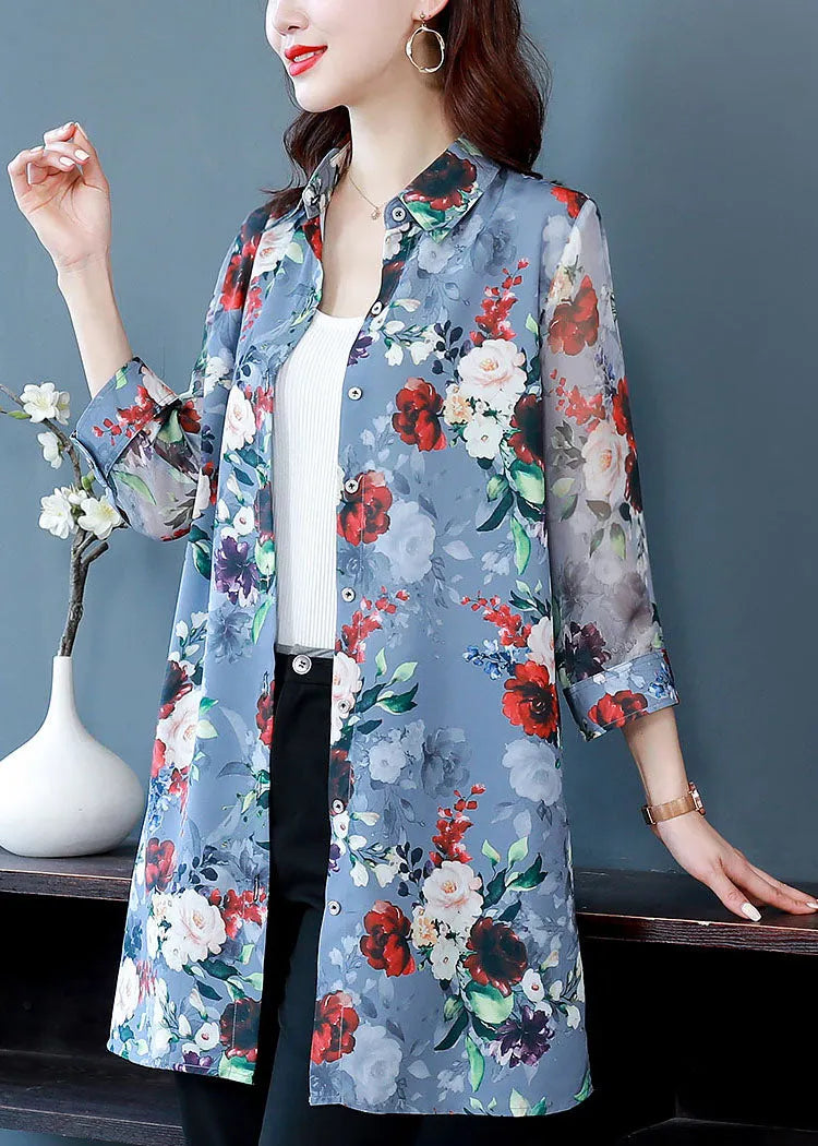 Classy Blue Peter Pan Collar Print Chiffon Long Shirt Bracelet Sleeve