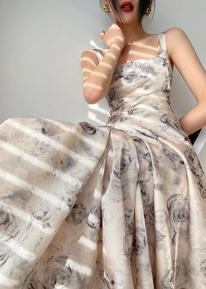 Square Collar Zippered Print Chiffon Maxi Dresses Sleeveless Summer
