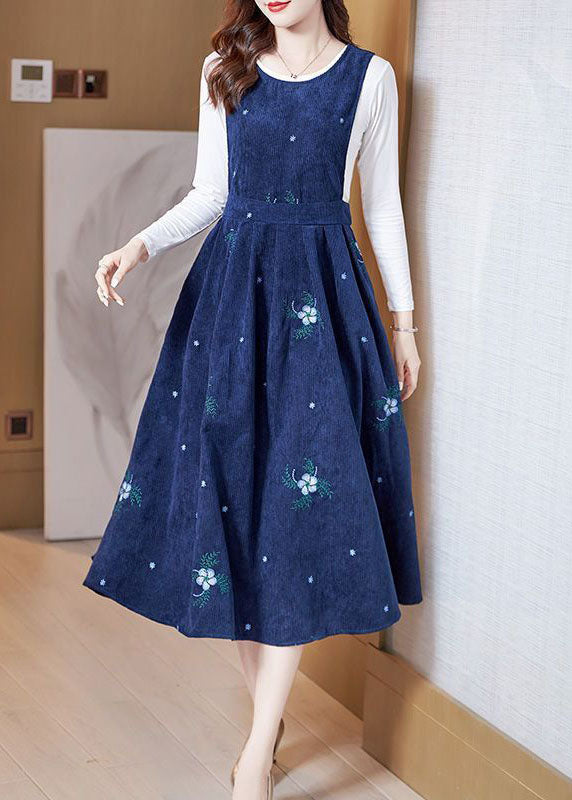 Embroideried Slim Fit Corduroy a Line Dress Two Pieces Set Spring