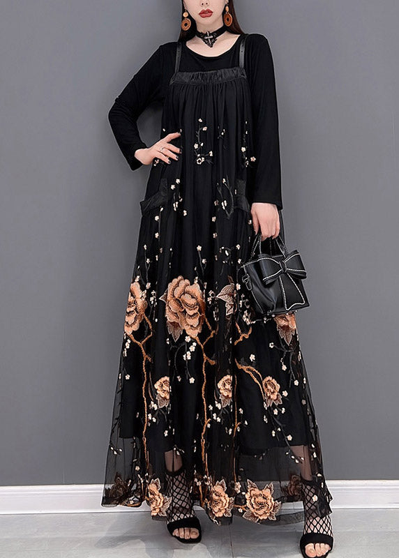 Yellow Embroideried Patchwork Tulle Spaghetti Strap Long Dress Two Piece Set Spring