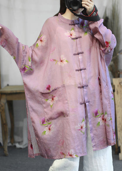 Diy Green Stand Collar Pockets Print Button Linen Coats Long Sleeve