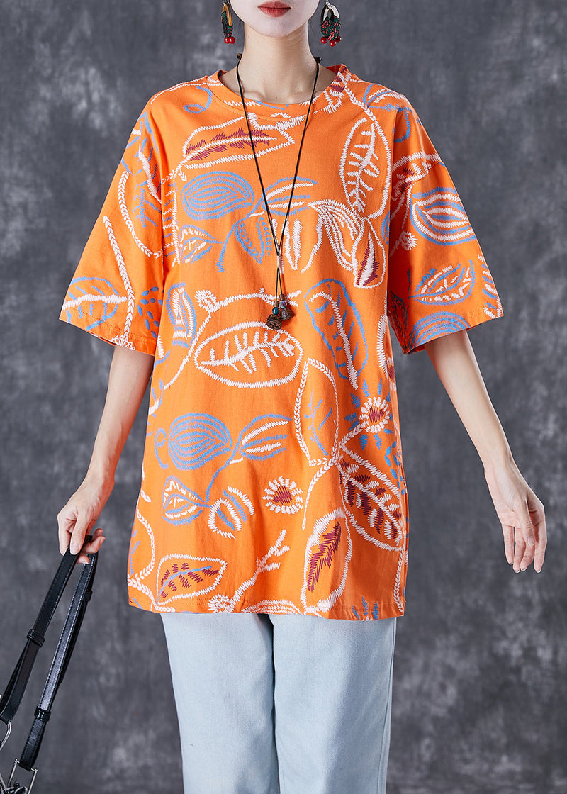 Orange Print Cotton Tank Oversized O-neck Summer