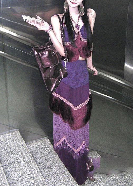 Style Purple Tasseled Patchwork Silk Two Piece Set Summer