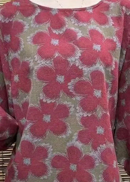 Red O-neck Oversized Print Linen Shirt Bracelet Sleeve