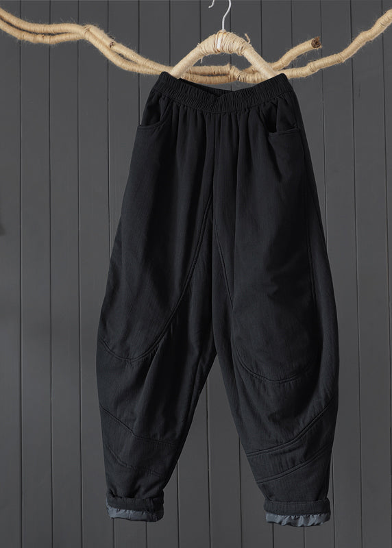 Black Pockets Patchwork Fine Cotton Filled Pants Winter