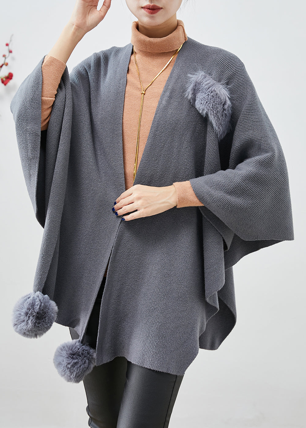 Grey Oversized Fuzzy Ball Decorated Knit Cardigan Fall