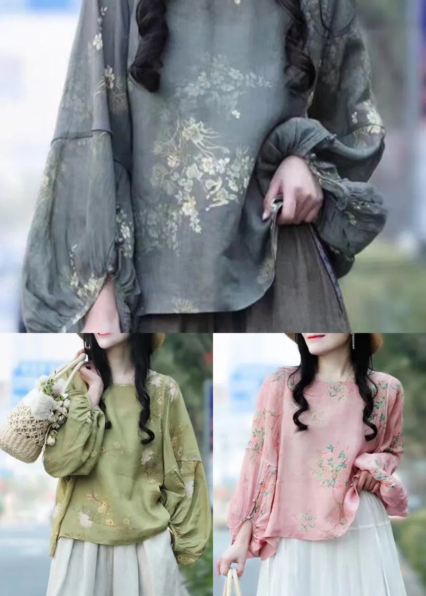 Grey Loose Linen Shirt Tops O-neck Batwing Sleeve