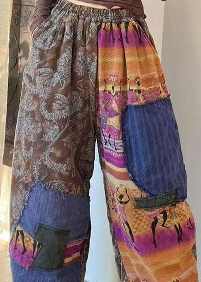 Colorblock Pockets Patchwork Fine Cotton Filled Pants Winter