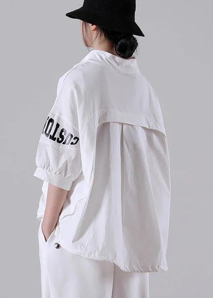 White Zippered Cotton Blouse Tops Summer