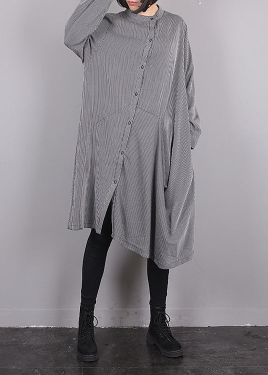 Grey O-neck Asymmetrical Striped Button Maxi Dress Fall