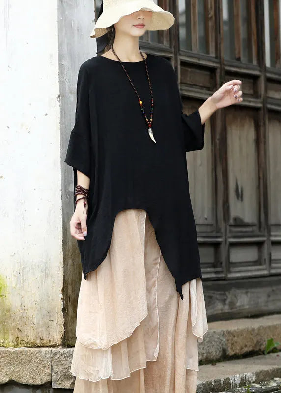 Black Cotton Upf 50+ Pullover Tops Open Side Three Quarter Sleeve