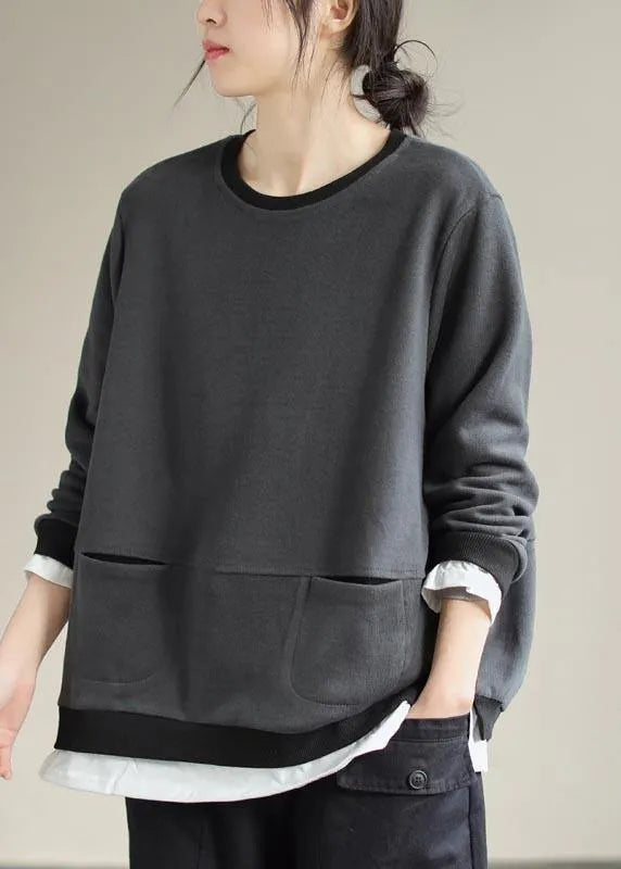 Loose O Neck False Two Pieces Spring Shirts Christmas Gifts Gray Blouses