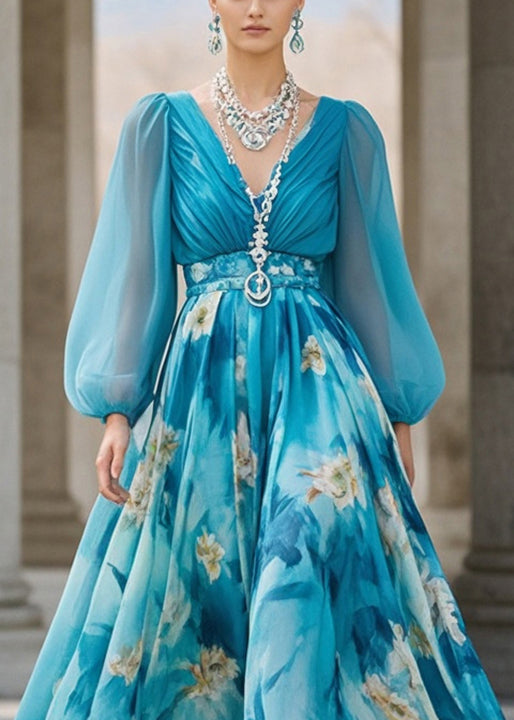 Sea Blue Print Chiffon Party Dress Cinched Exra Large Hem Spring