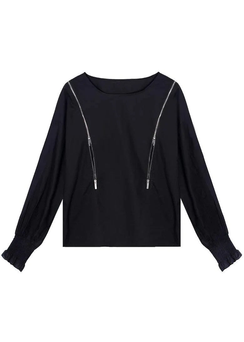 Black O-neck Zippered Fall Top Long Sleeve
