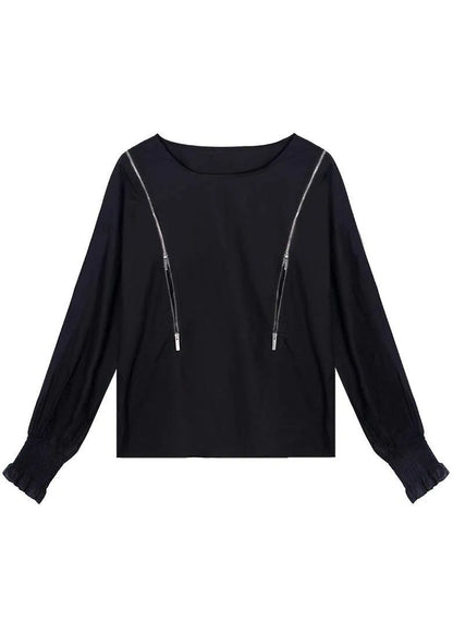 Black O-neck Zippered Fall Top Long Sleeve