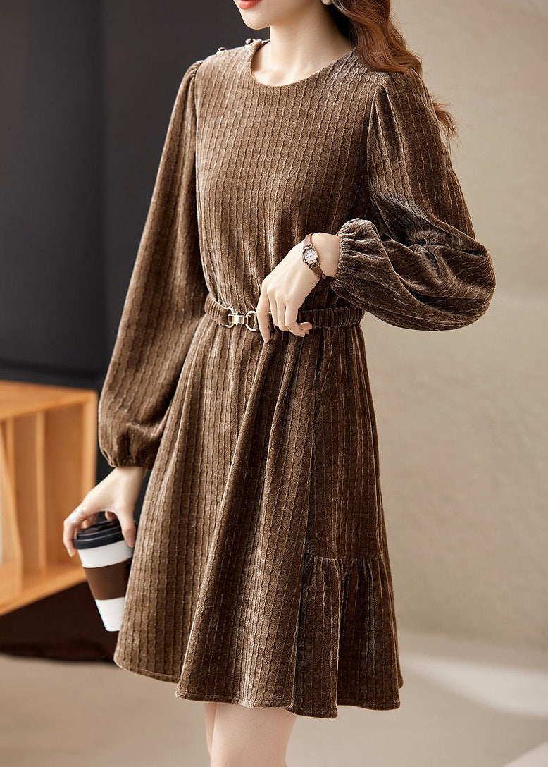Coffee O Neck Sashes Patchwork Silk Velour Mid Dress Spring