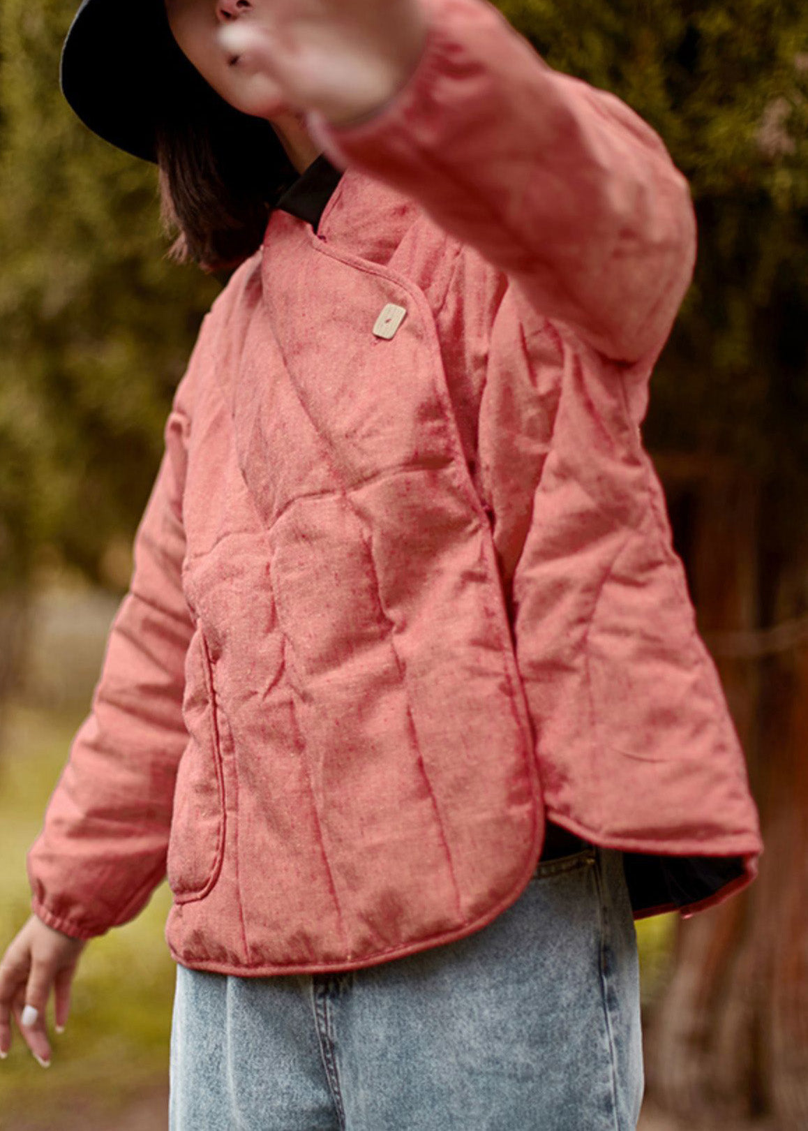 Pink Pockets Cotton Filled Coats V Neck Spring