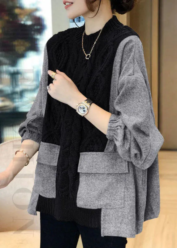 Fitted Black O-neck Knit Patchwork Loose Fall Sweater