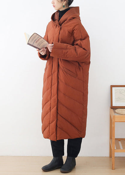 Caramel Zippered Button Pockets Hooded Down Coat Long Sleeve