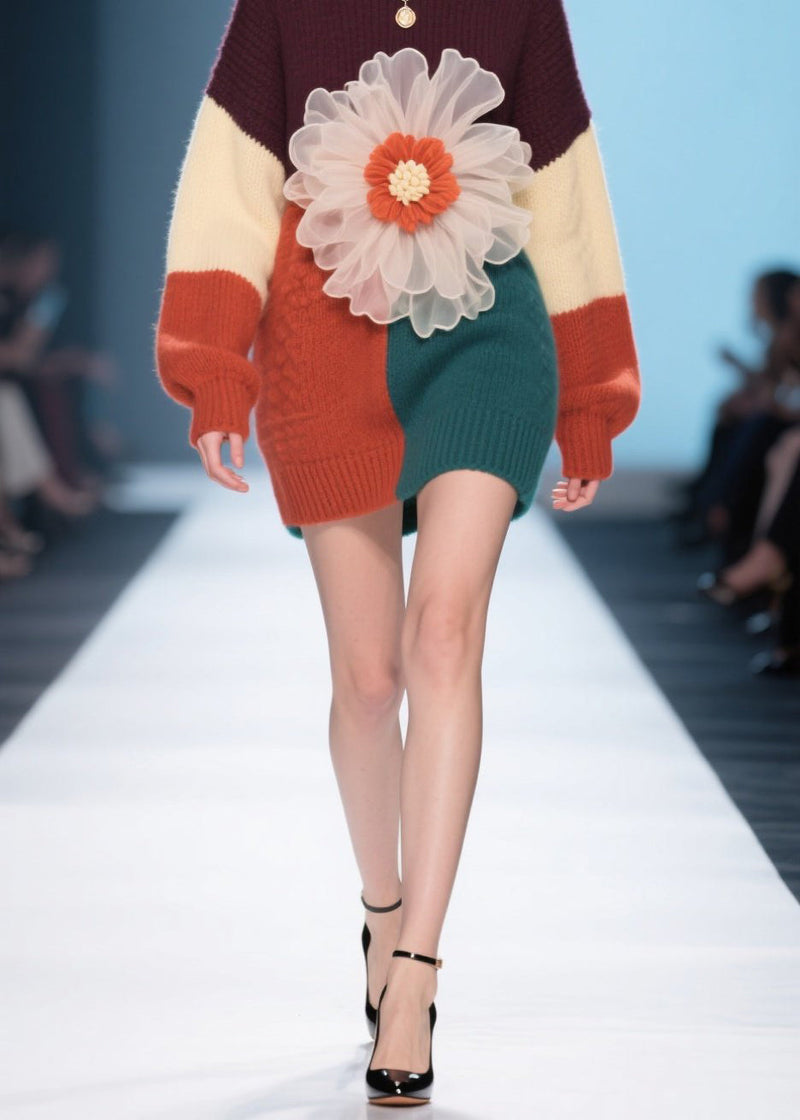 Boutique Colorblock O Neck Knit Sweater Dress Fall