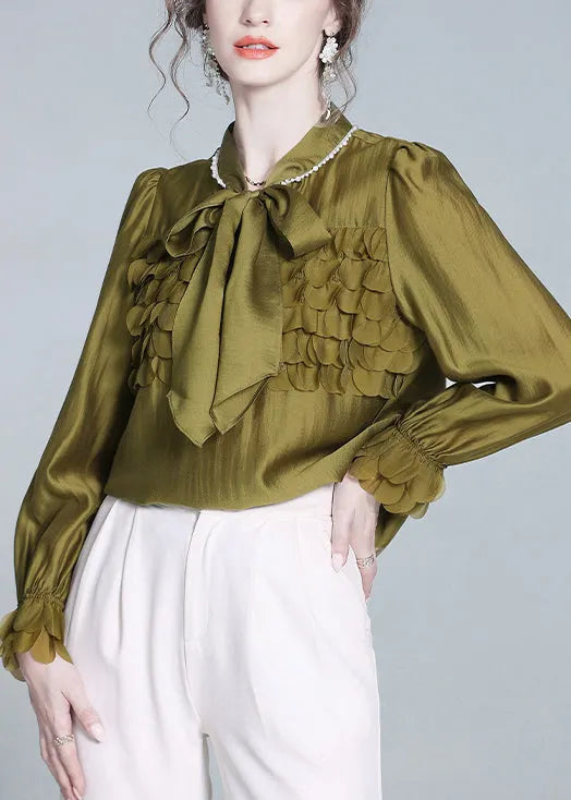 Mustard Green Bow Silk Shirt Petal Sleeve