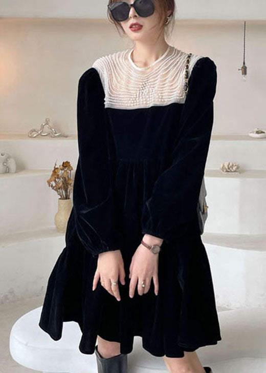 Black O-neck Nail Bead Velour Vacation Dress Spring