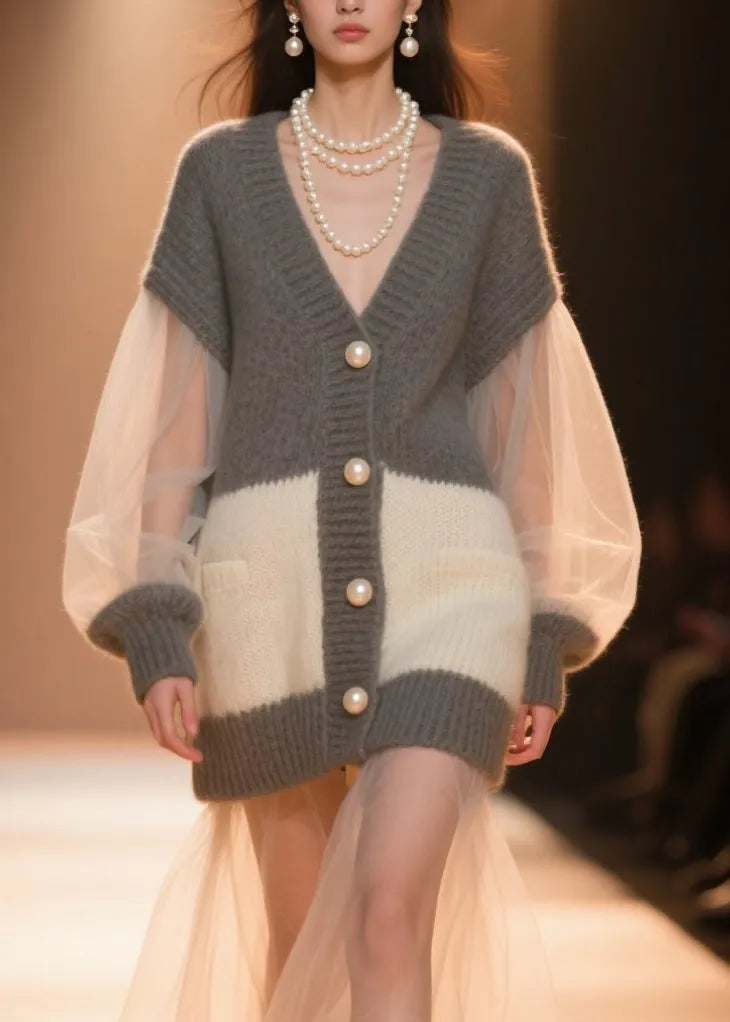 Colorblock V Neck Tulle Patchwork Knit Cardigans Fall