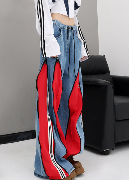 Original Design Red Pockets Patchwork Denim Wide Leg Pants Fall