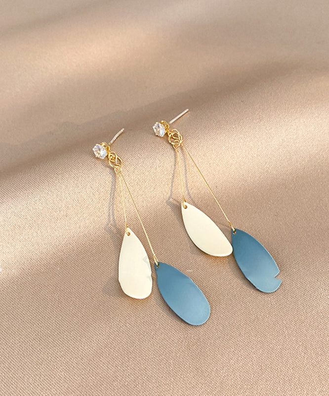Skinny Blue Sterling Silver Alloy Feather Tassel Drop Earrings