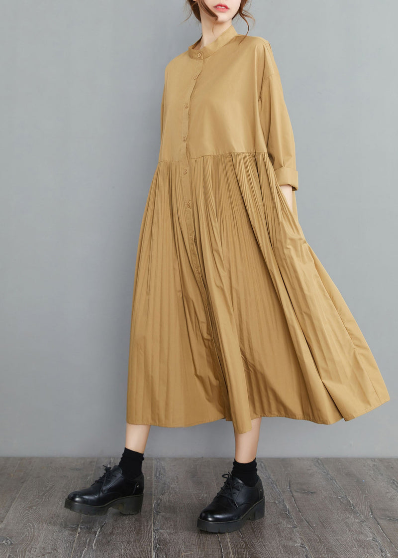 Yellow Button Cotton Dresses Spring
