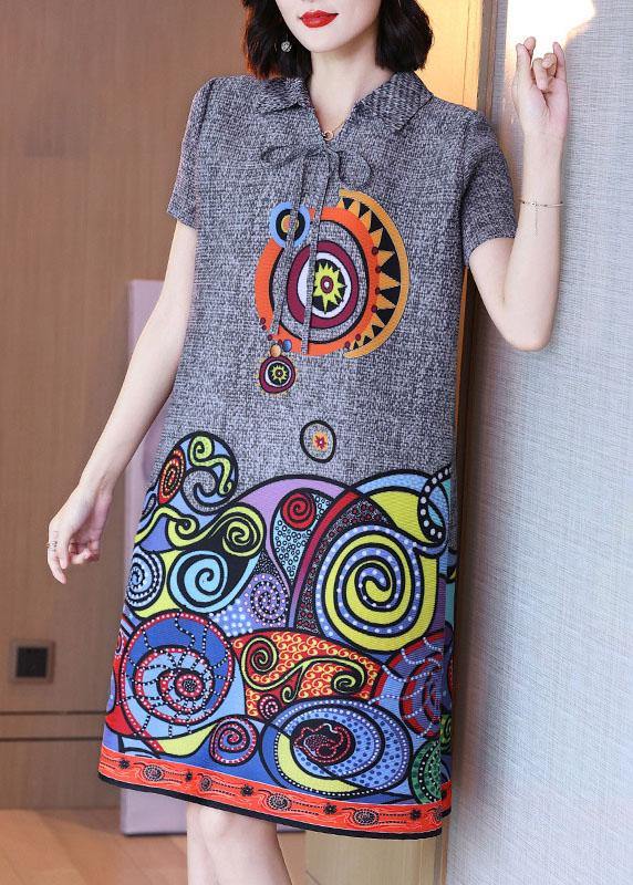 Simple Grey Print Peter Pan Collar Mandarin Collar Tie Summer Dress