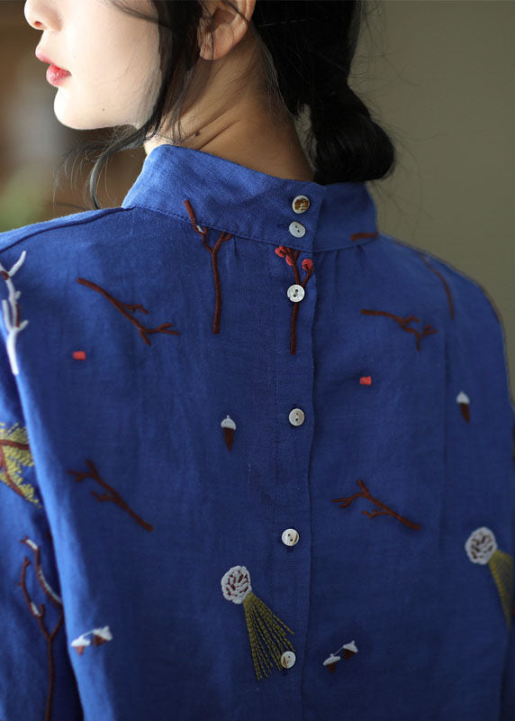 Stylish Blue Embroideried Retro Linen Blouse Tops Spring