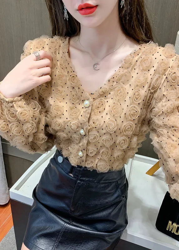 Chocolate Button Loose Tops V Neck Long Sleeve