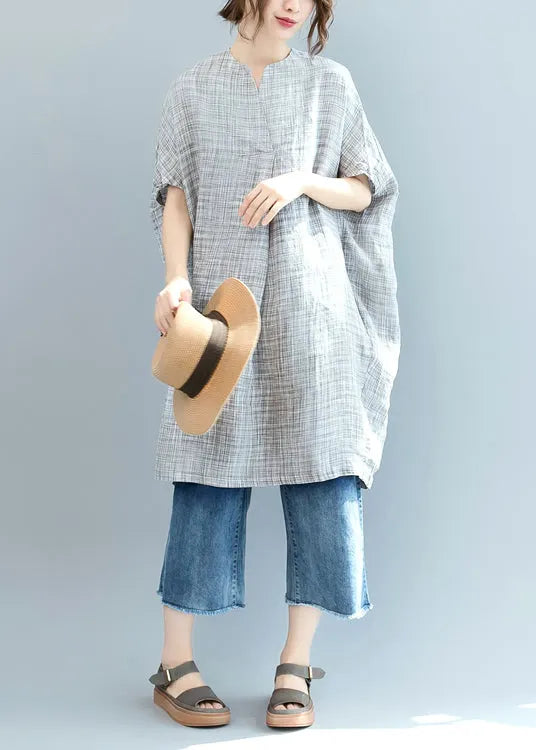 Classy Black Plaid Loose Bat Wing Sleeve Linen Top