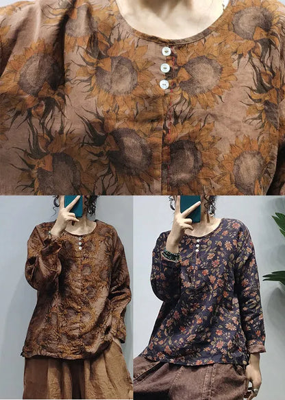Retro Black O-neck Print Linen Shirt Tops Long Sleeve