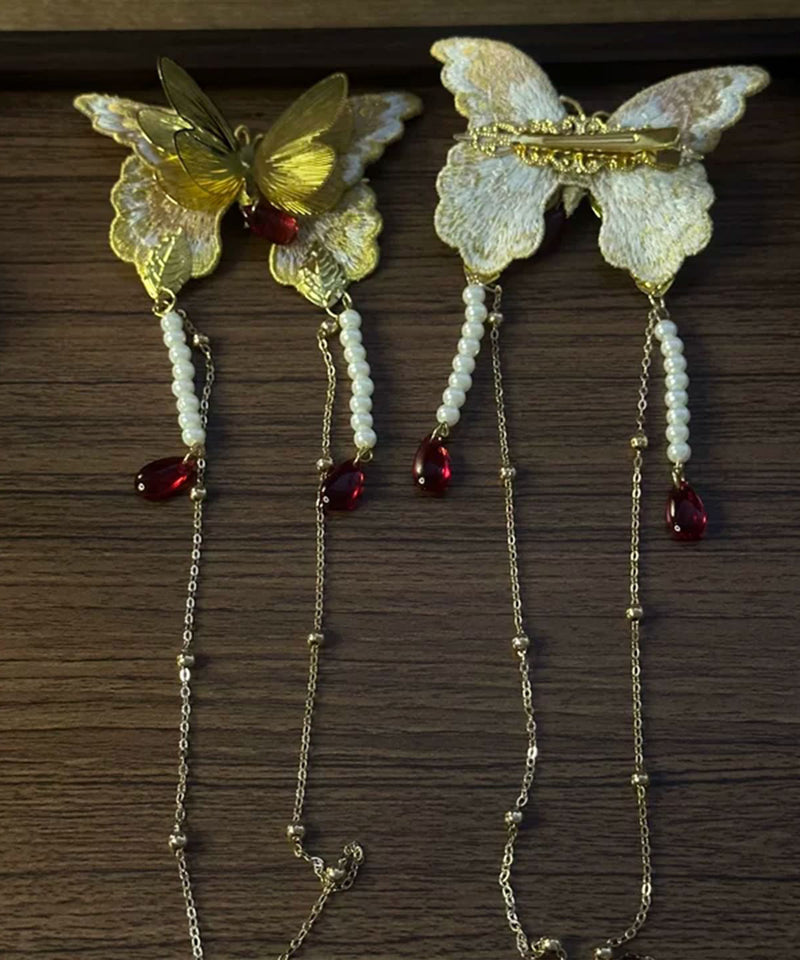 Gold Alloy Butterfly Embroidery Tassel a Pair Hairpin