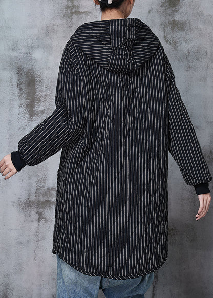 Black Hooded Striped Warm Fleece Coat Winter