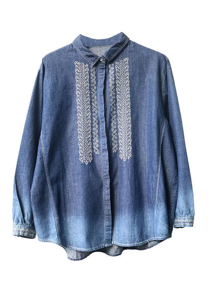 Blue Peter Pan Collar Embroideried Cotton Denim Shirt Top Long Sleeve
