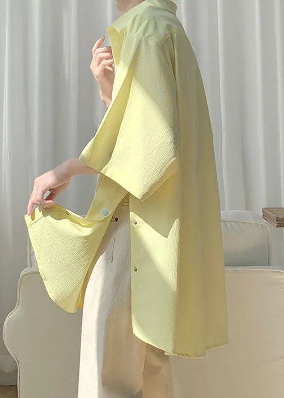 Man Yellow Side Open Button Chiffon Shirts Half Sleeve