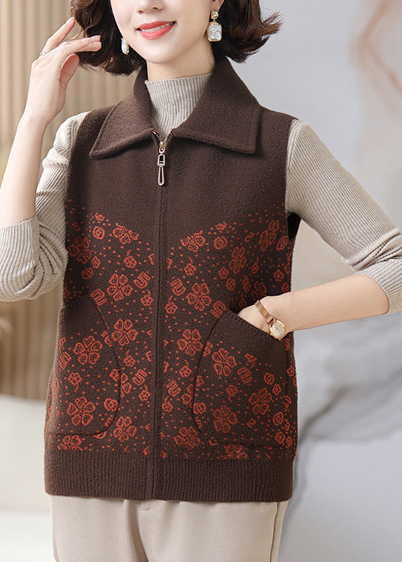 Coffee Peter Pan Collar Pockets Knit Waistcoat Sleeveless