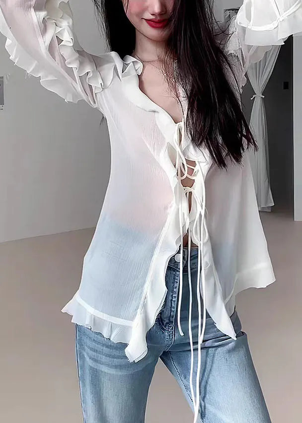 Natural White V Neck Ruffled Chiffon Shirt Fall