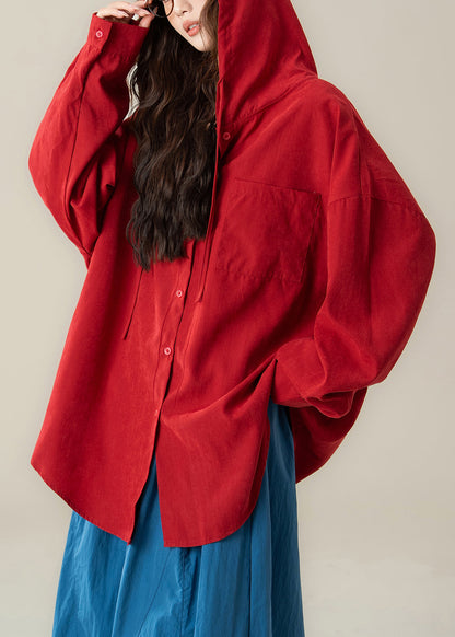 Red Hooded Button Cotton Shirt Spring