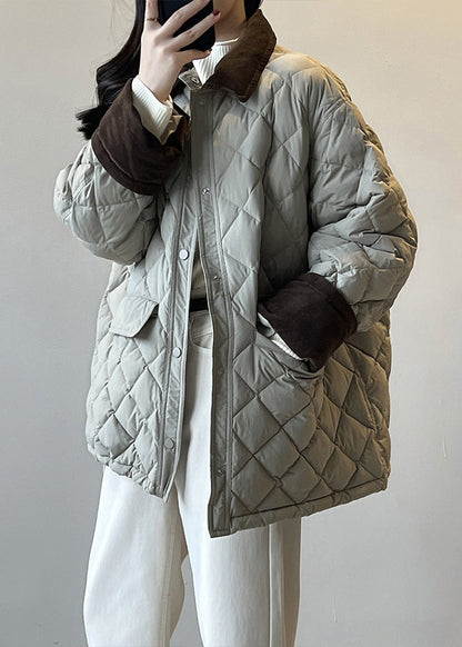 Grey Peter Pan Collar Corduroy Duck Down Puffer Jacket Winter