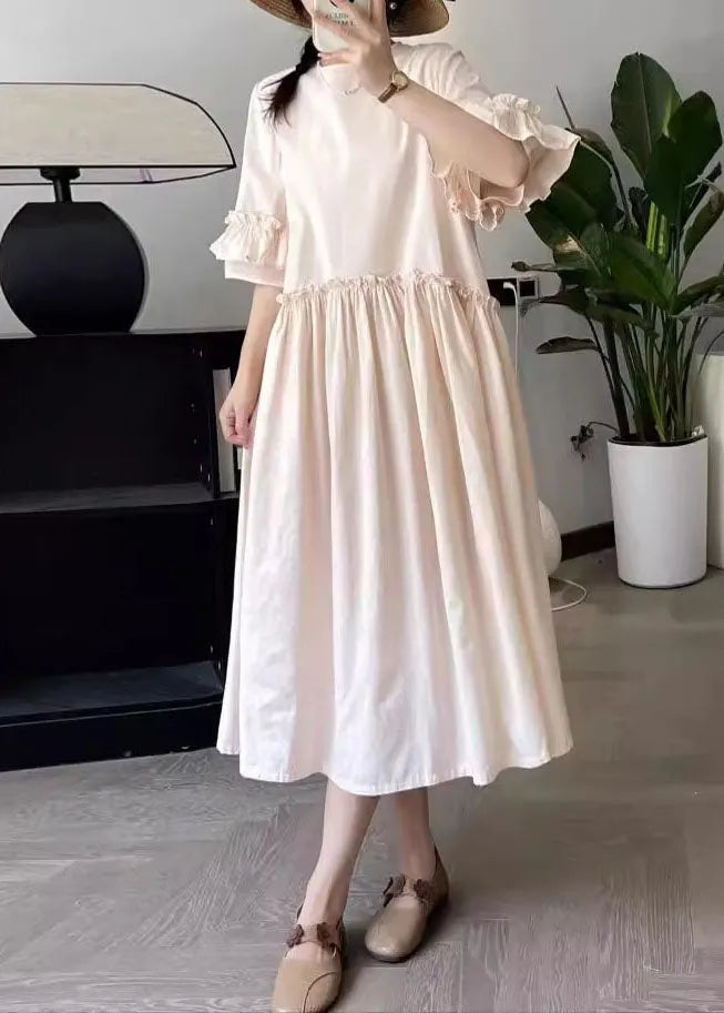 Art Pink O-neck Wrinkled Long Dresses Summer